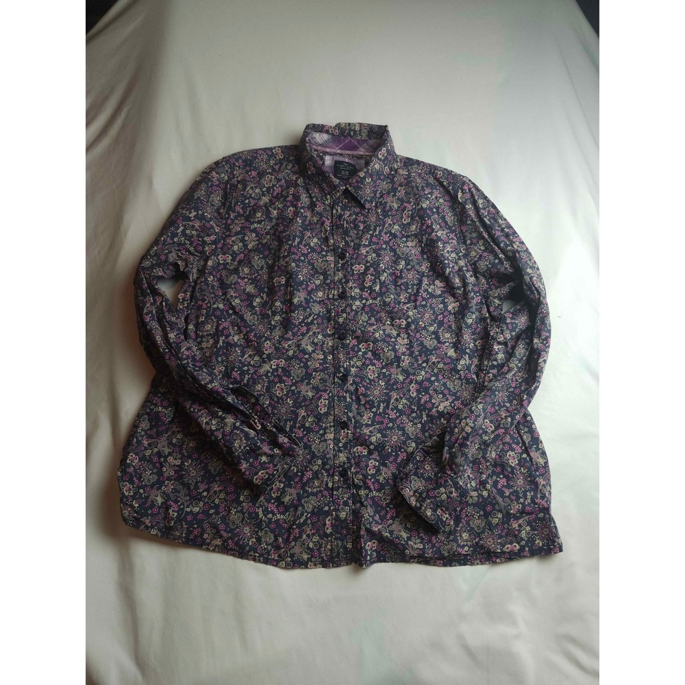 Faded Glory Navy Floral Organic Cotton Button Down Shirt XL 16-18‎
